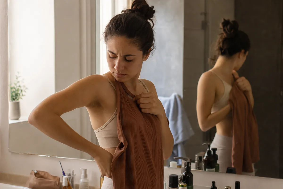 Young woman in front of a mirror checking her underarm while deciding what to wear