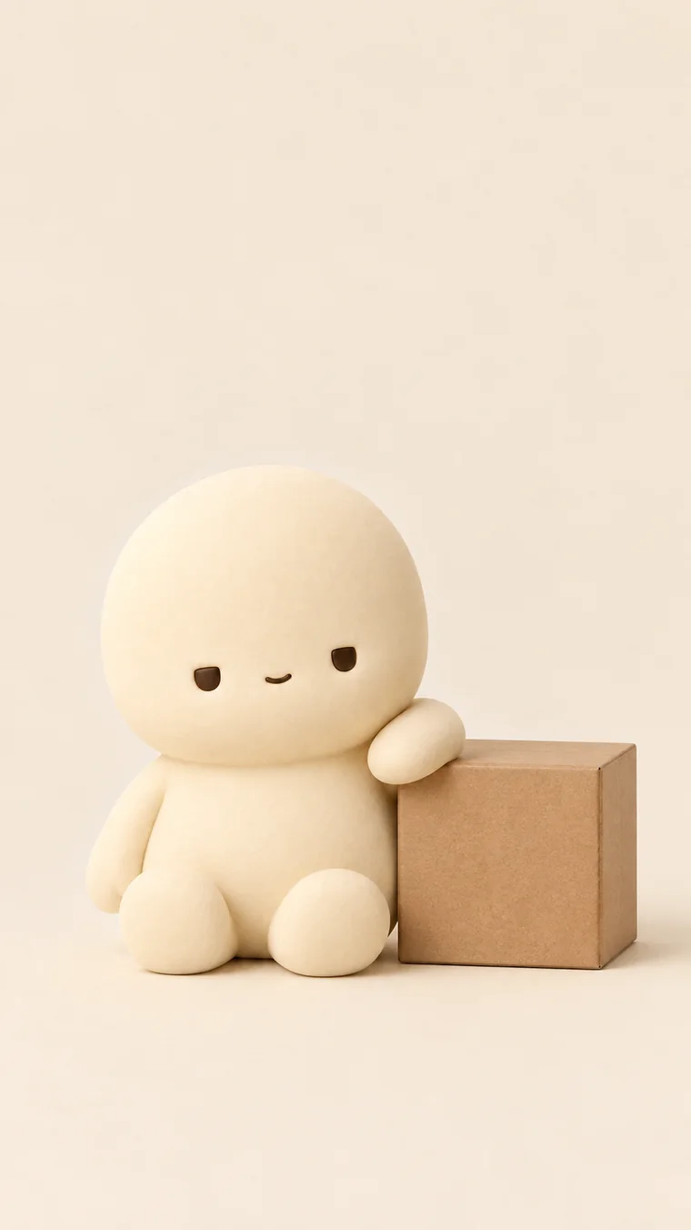 Illustration of the character sitting next to a sealed cardboard box, one arm resting on it