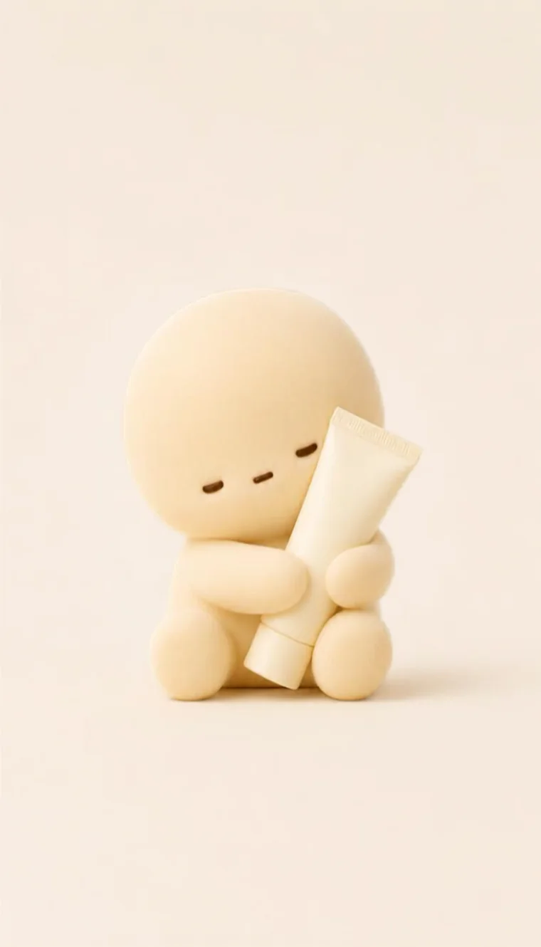 Illustration of the character holding a plain cream tube against its body