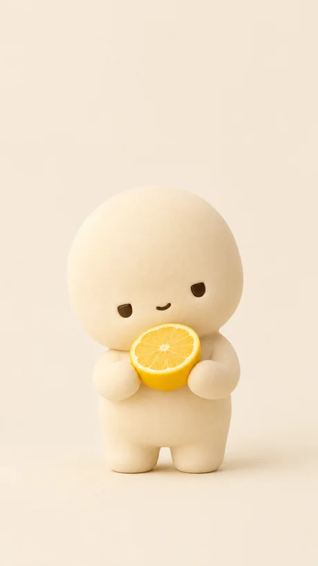 Illustration of a small clay character holding half a lemon