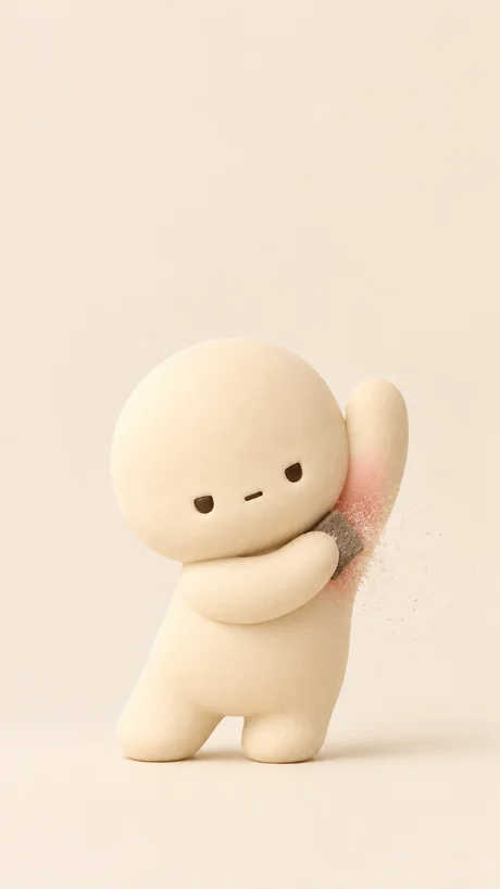 Illustration of the same character scrubbing one underarm hard with an abrasive pad