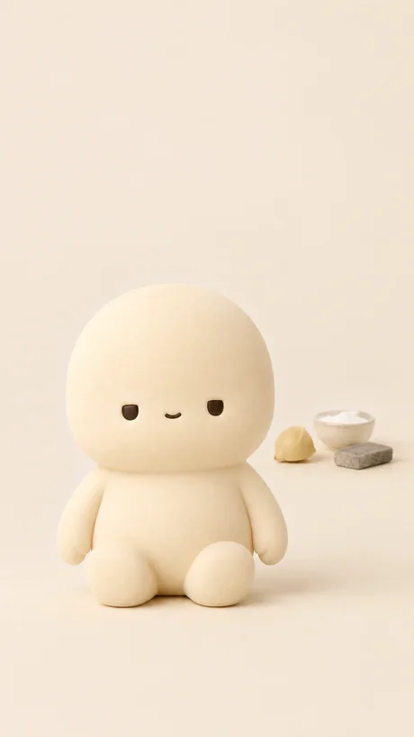 Illustration of the same character sitting calmly with the lemon, powder and pad set aside