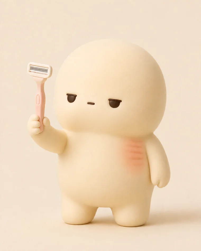 Illustration of the character holding a razor, with a faint mark under the raised arm